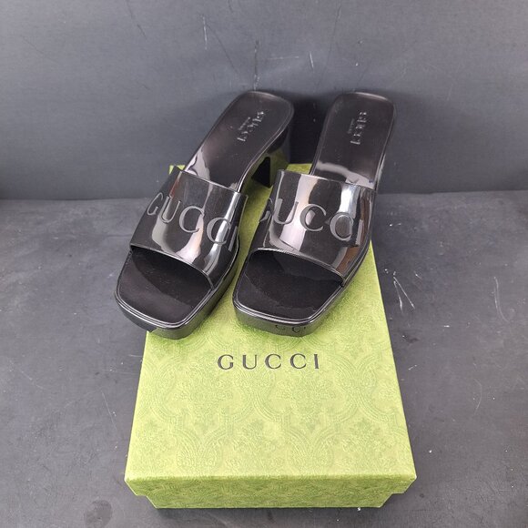 Gucci Rubber Block Heel Platform Logo Slide Sandals Womens Size 40 Black - Picture 1 of 15